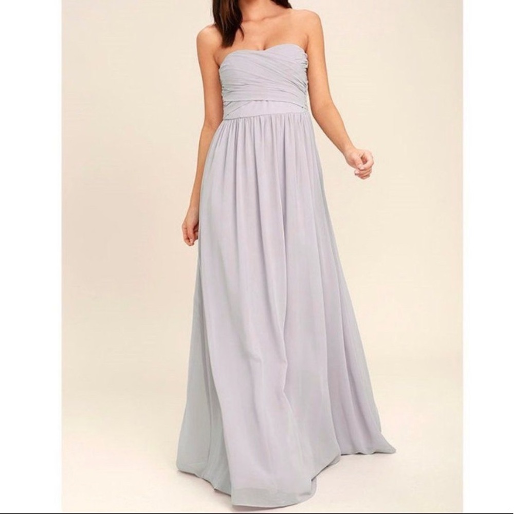 Lulu’s Moonlight Serenade Gray Strapless Maxi Dress - Picture 1 of 10
